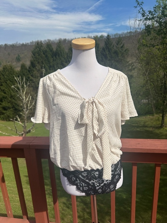 Free People Tops - Free People Cream Dot Tie-Neck Flutter Sleeve Bodysuit
